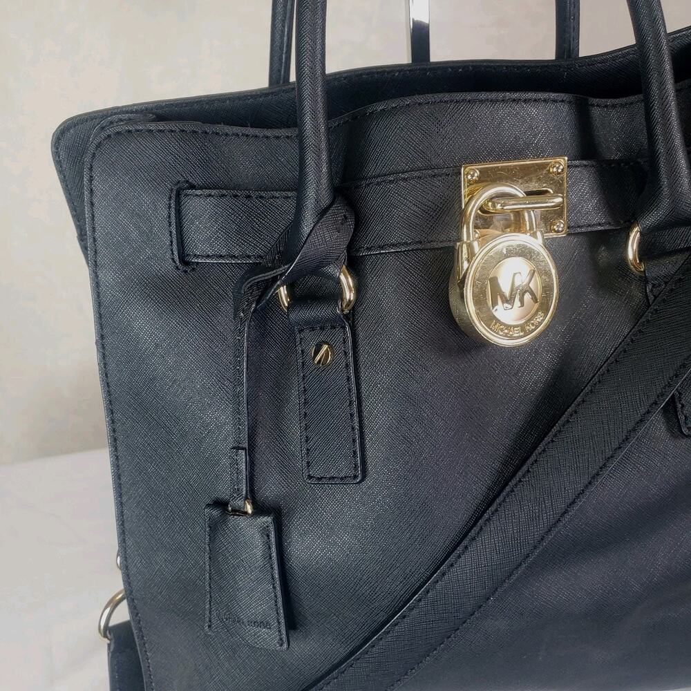 Michael Kors Hamilton Large Saffiano Leather Black Satchel Bag Gold Chain Purse - Picture 3 of 16